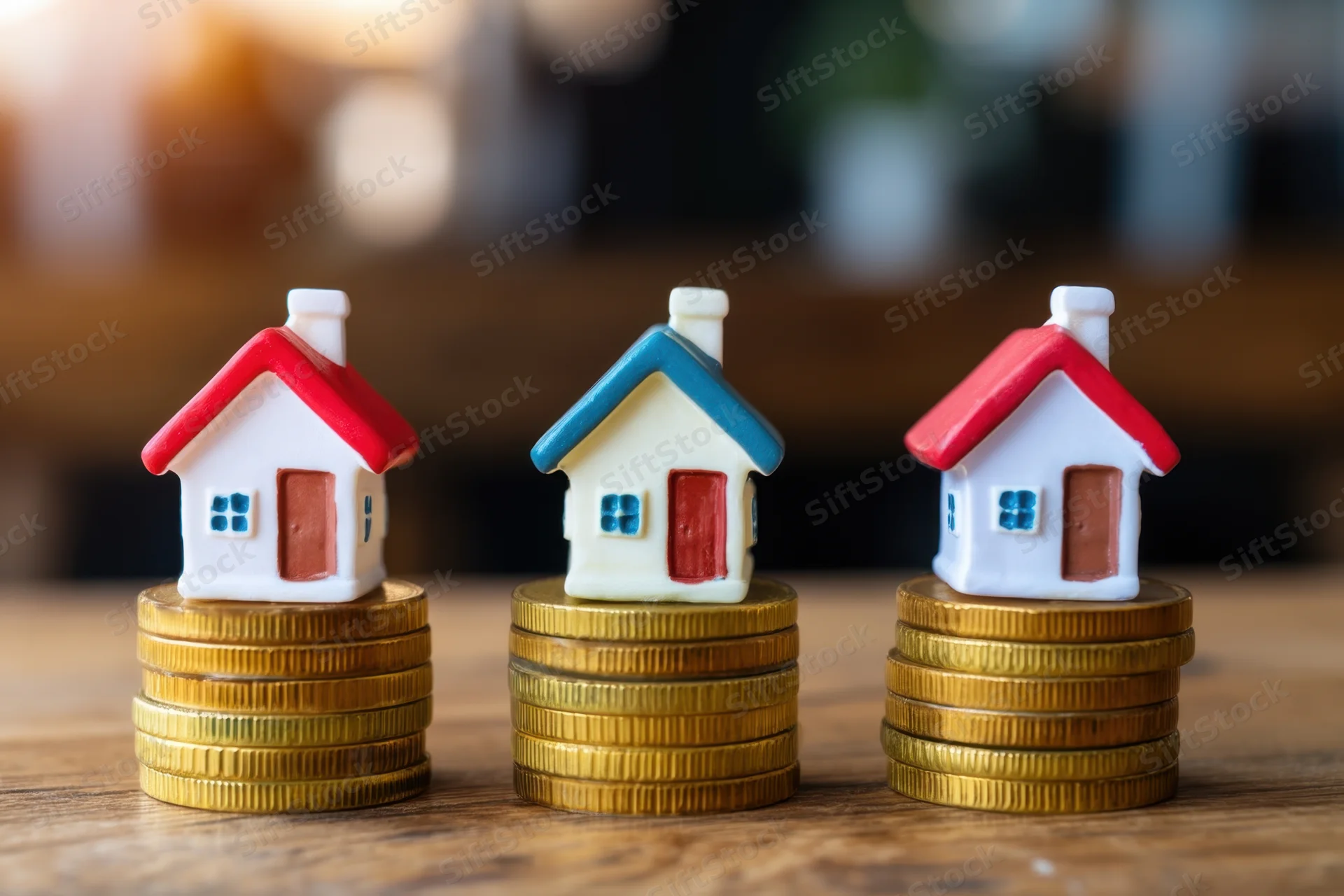 Three miniature houses on stacks of gold coins on a wooden surface
