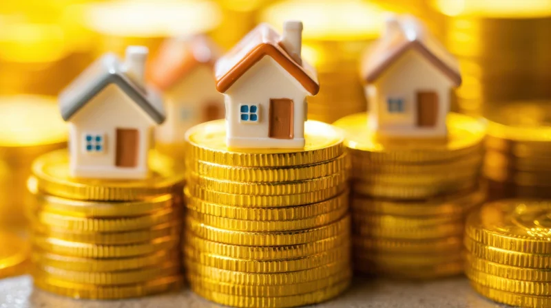 Miniature houses placed on stacks of golden coins representing real estate investment