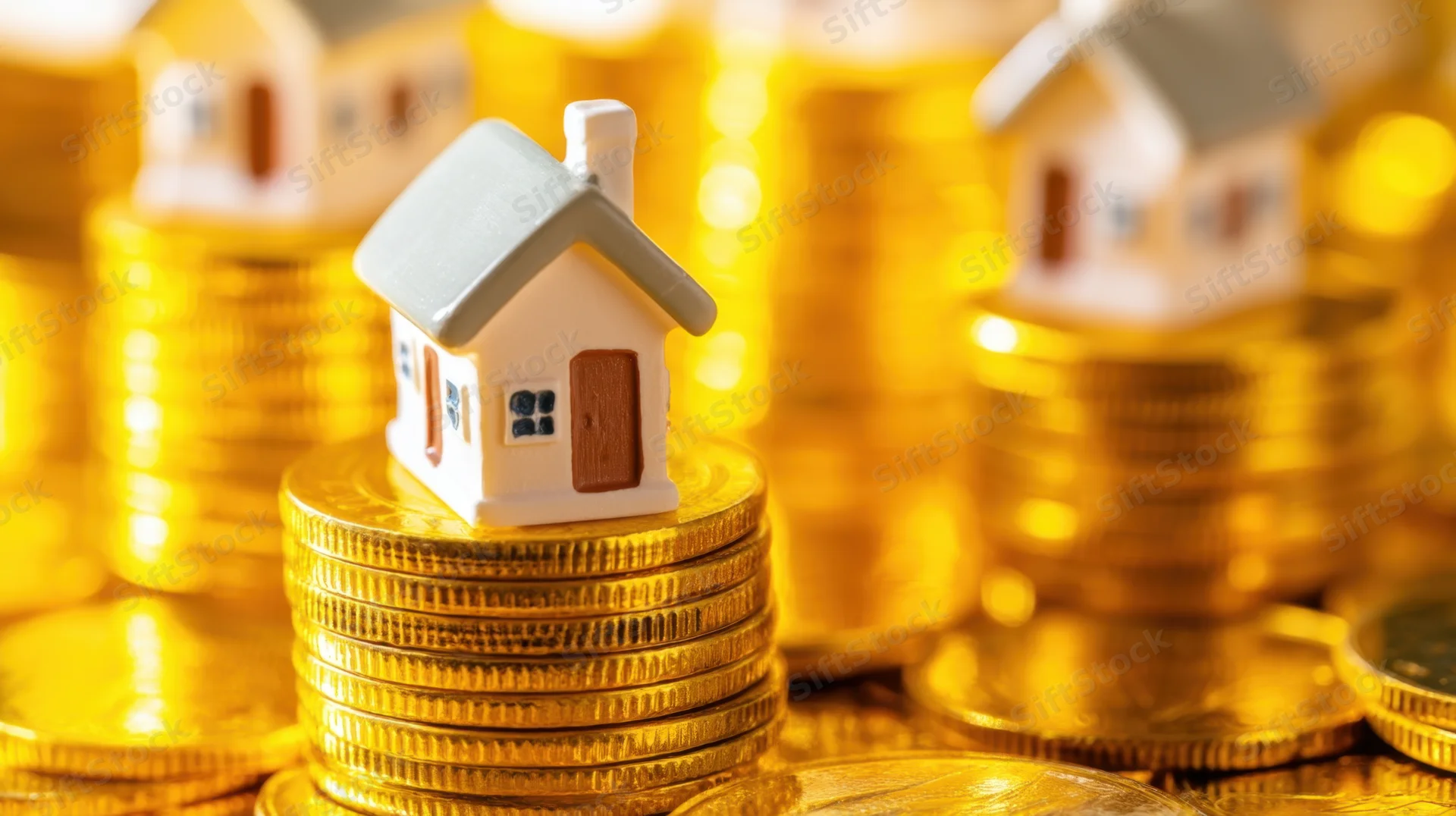 Miniature house on a stack of gold coins surrounded by more stacks