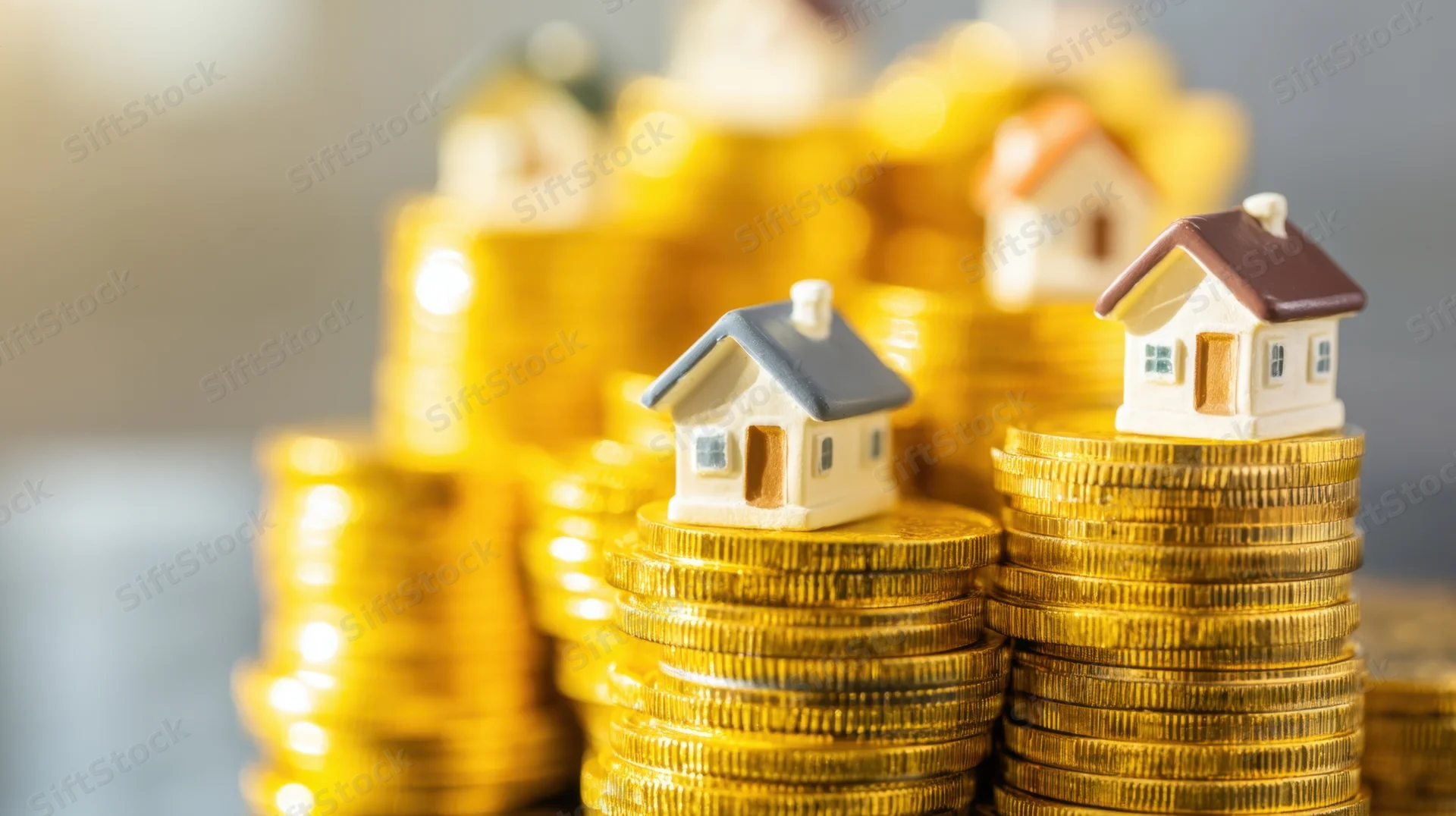 Miniature houses placed on stacks of golden coins representing real estate investment