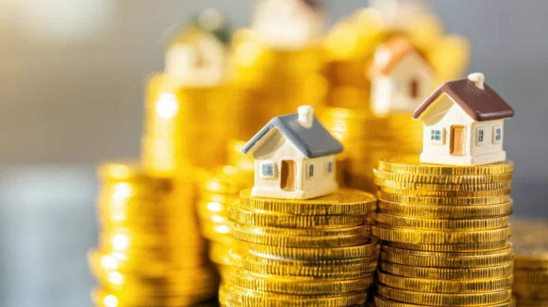 Miniature houses placed on stacks of golden coins representing real estate investment