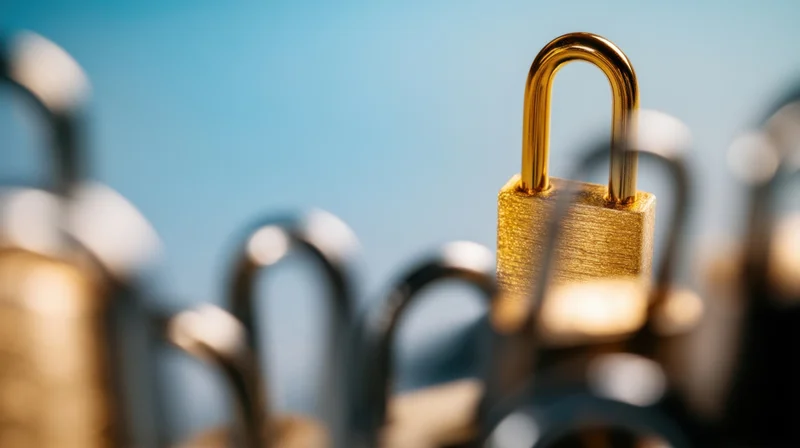 Golden padlock in focus among blurred locks against blue background
