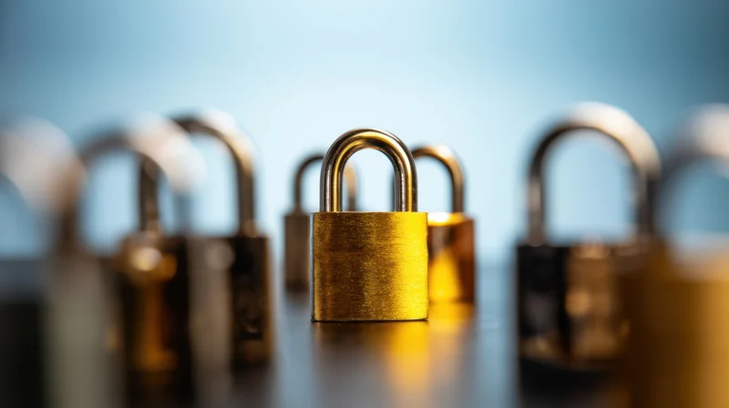 Golden padlock in focus among multiple locks on a reflective surface with blue background
