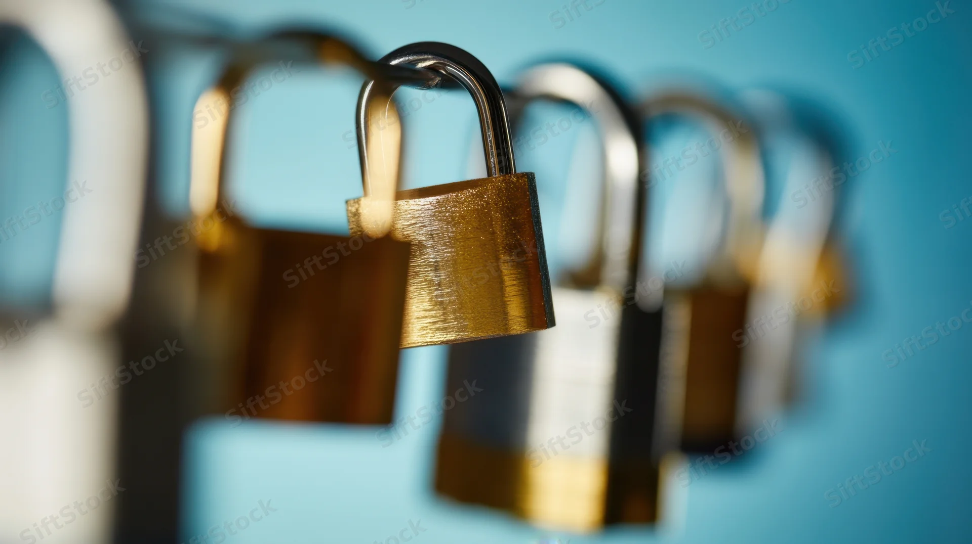 Row of padlocks in focus against a blue background with shallow depth of field