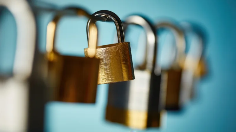 Row of padlocks in focus against a blue background with shallow depth of field