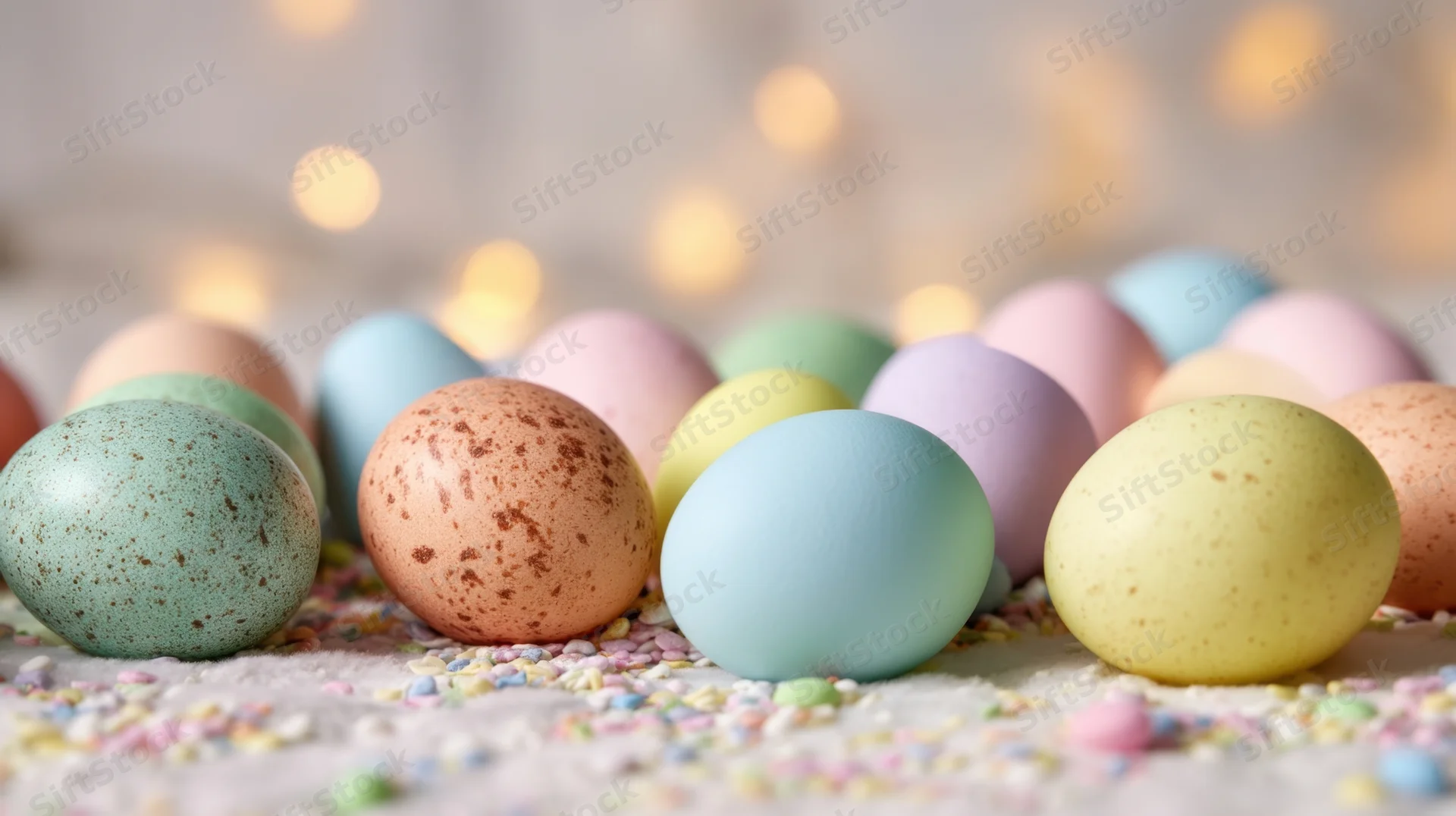 Pastel-colored easter eggs arranged on a table with sprinkles and bokeh lights in the background