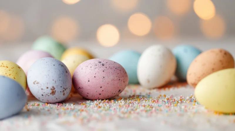 Pastel speckled eggs arranged on a white surface with colorful sprinkles and bokeh lights in the background