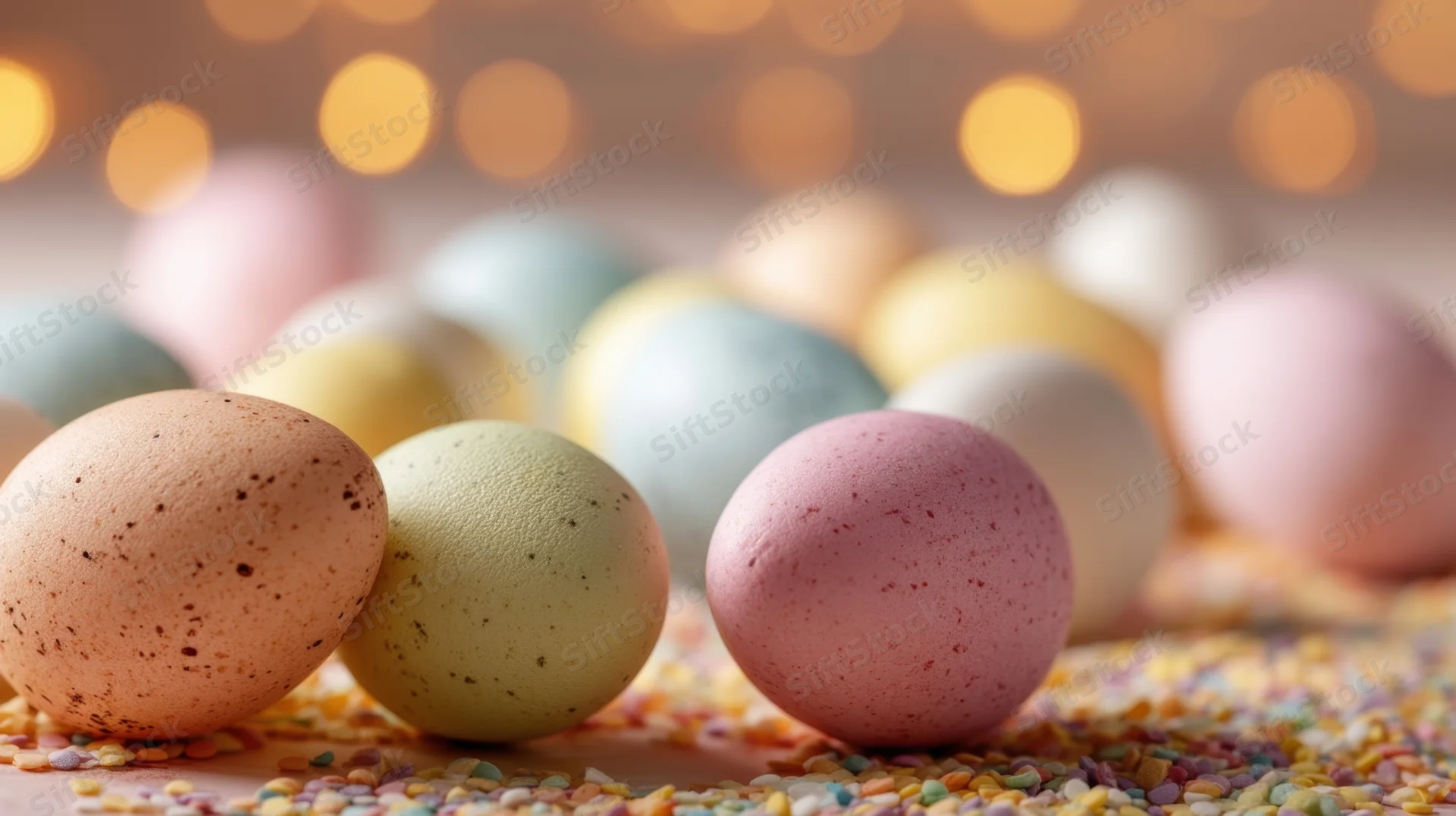 Pastel-colored speckled eggs arranged on a bed of colorful sprinkles with warm bokeh lights in the background