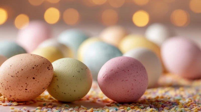 Pastel-colored speckled eggs arranged on a bed of colorful sprinkles with warm bokeh lights in the background