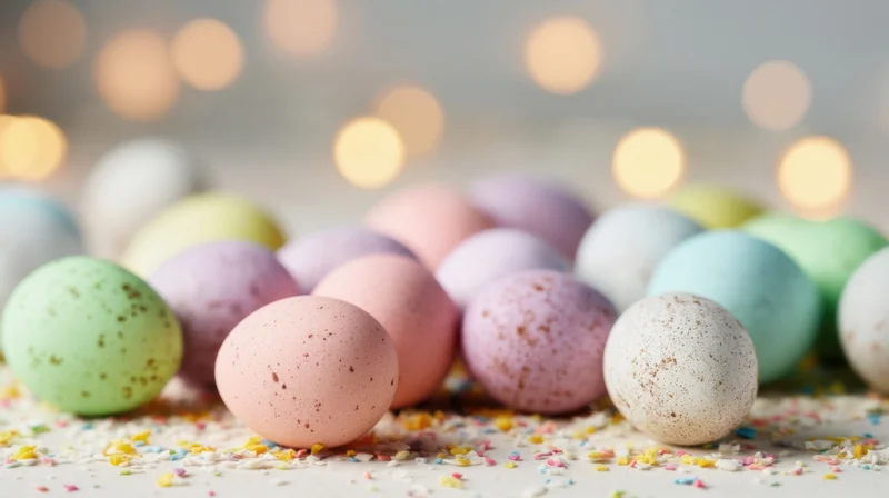 Pastel-colored speckled eggs scattered on a surface with sprinkles and bokeh lights in the background