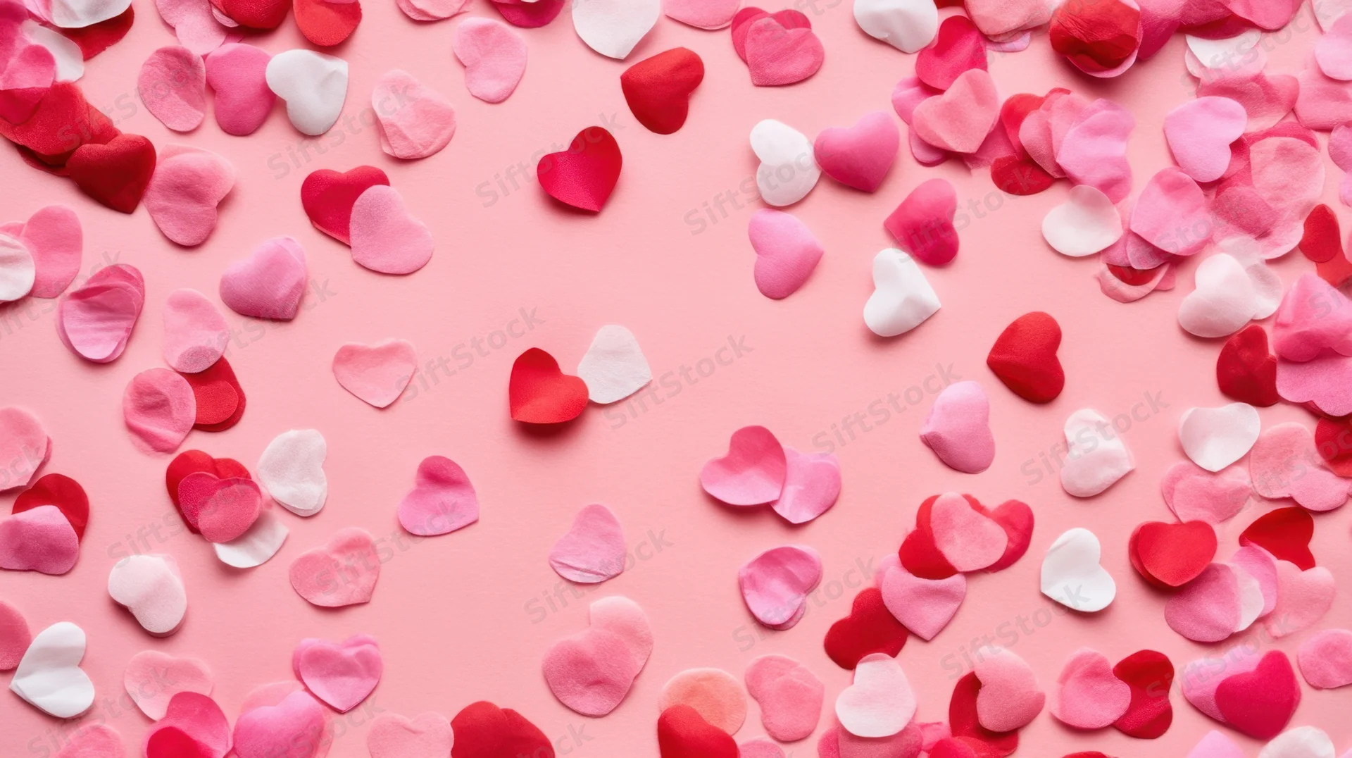 Scattered heart-shaped confetti in pink, red, and white on a soft pink surface