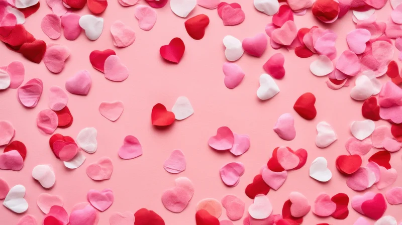 Scattered heart-shaped confetti in pink, red, and white on a soft pink surface