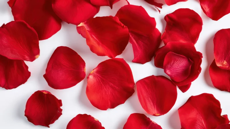 Scattered red rose petals on white surface