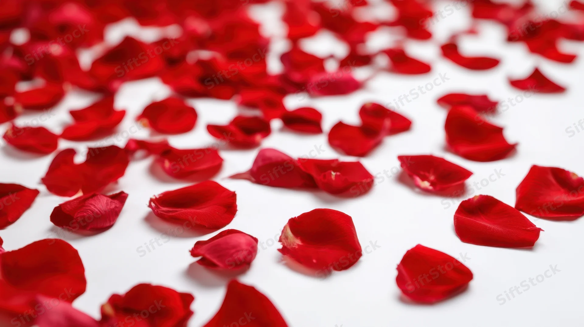 Scattered red rose petals on a white surface