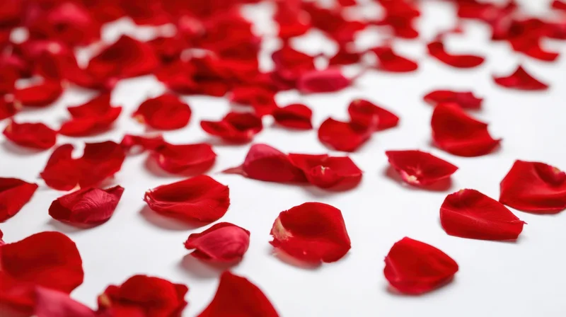 Scattered red rose petals on a white surface