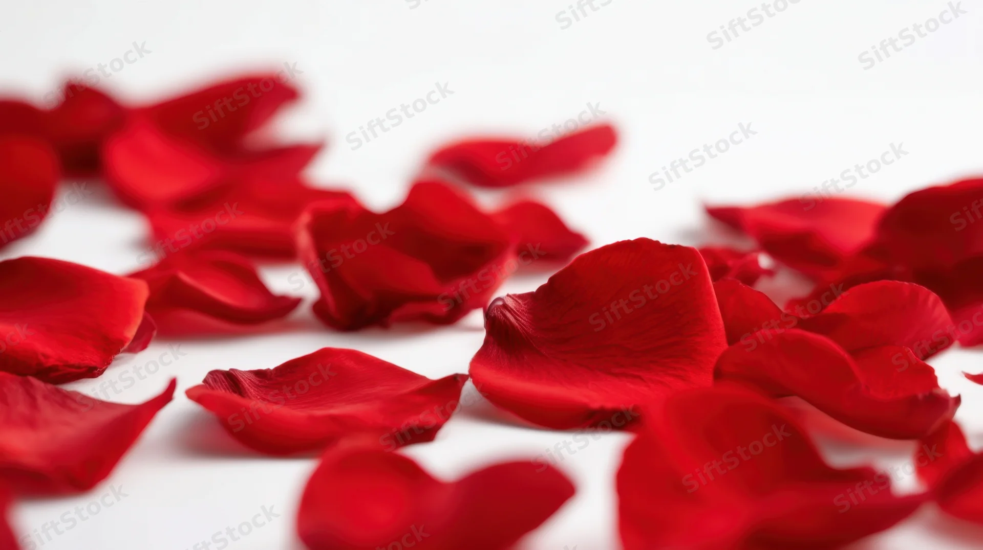 Scattered red rose petals on a white surface