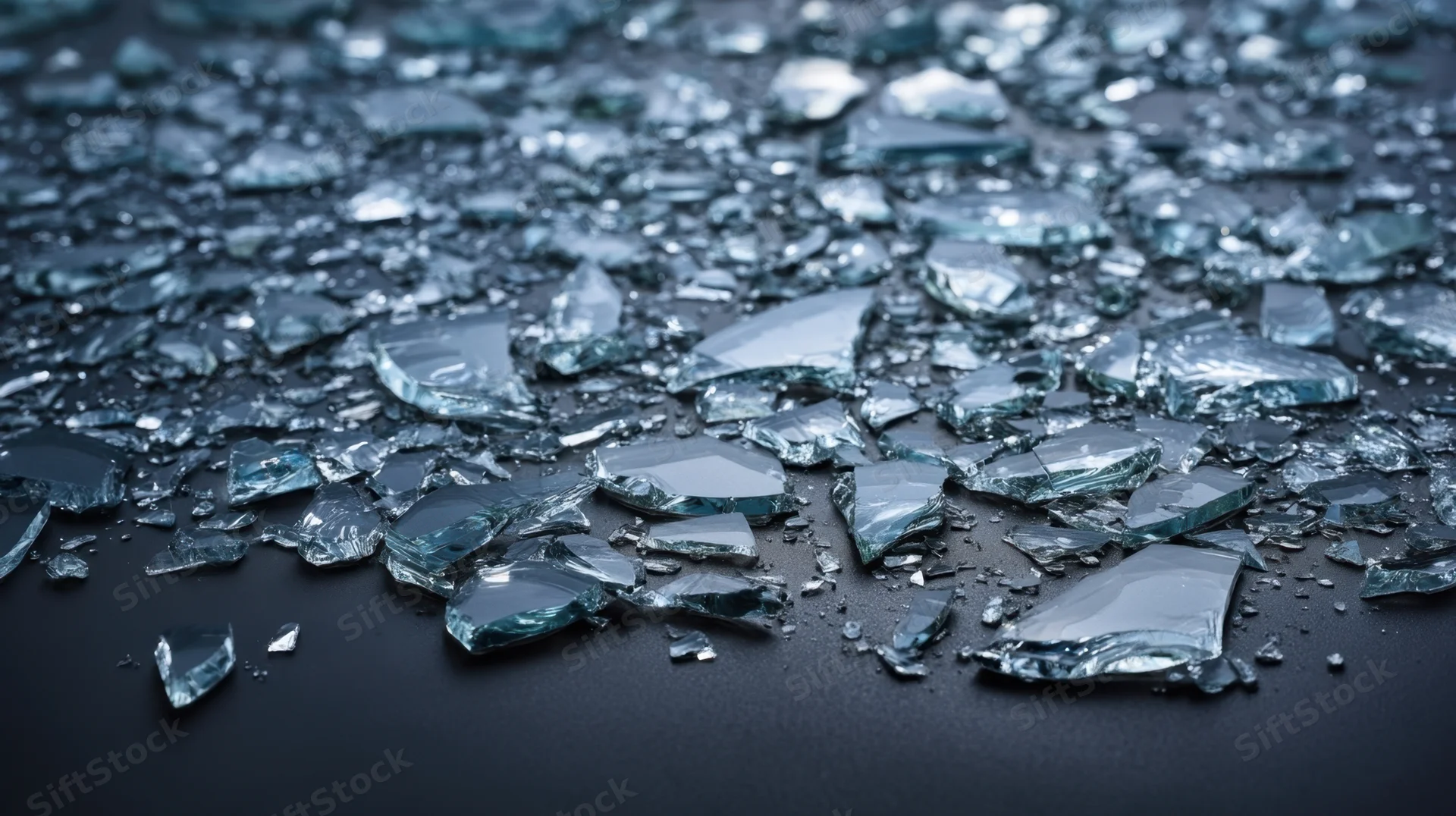 Shattered glass fragments scattered across a dark surface