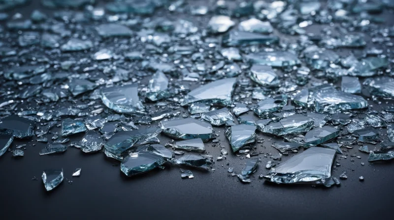 Shattered glass fragments scattered across a dark surface