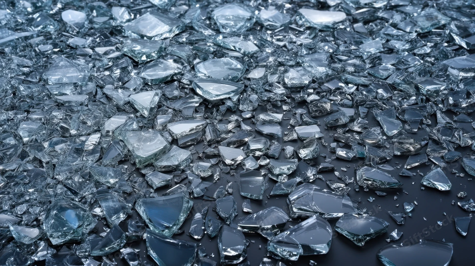 Shattered glass fragments scattered across dark surface