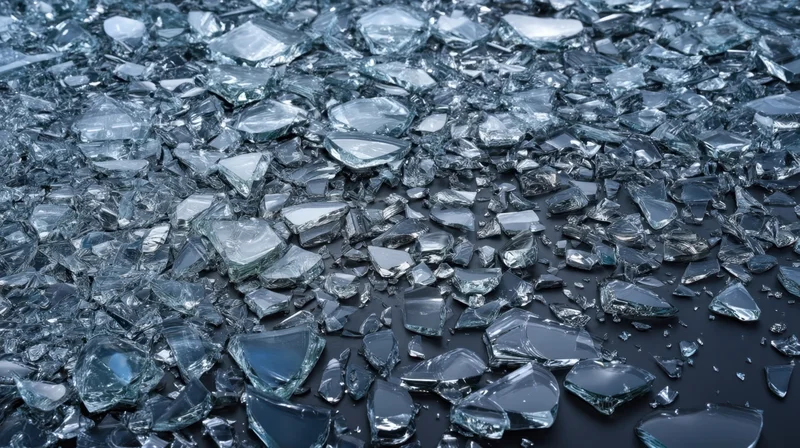 Shattered glass fragments scattered across dark surface