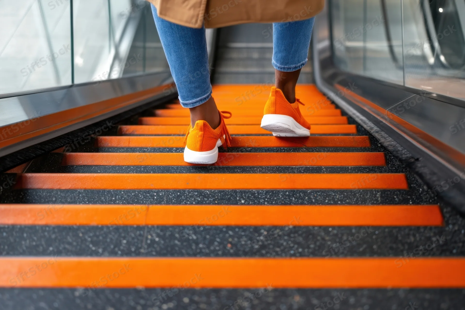 Woman ascending escalator in orange sneakers and jeans, urban transit setting