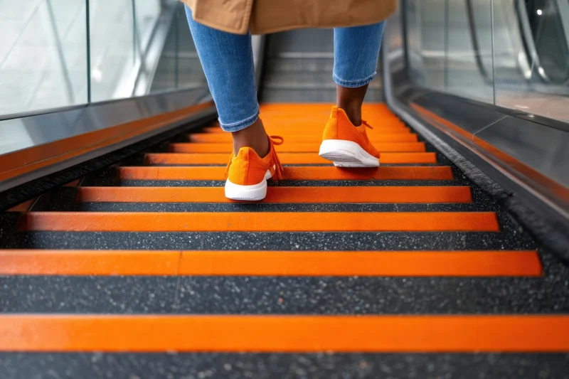Woman ascending escalator in orange sneakers and jeans, urban transit setting