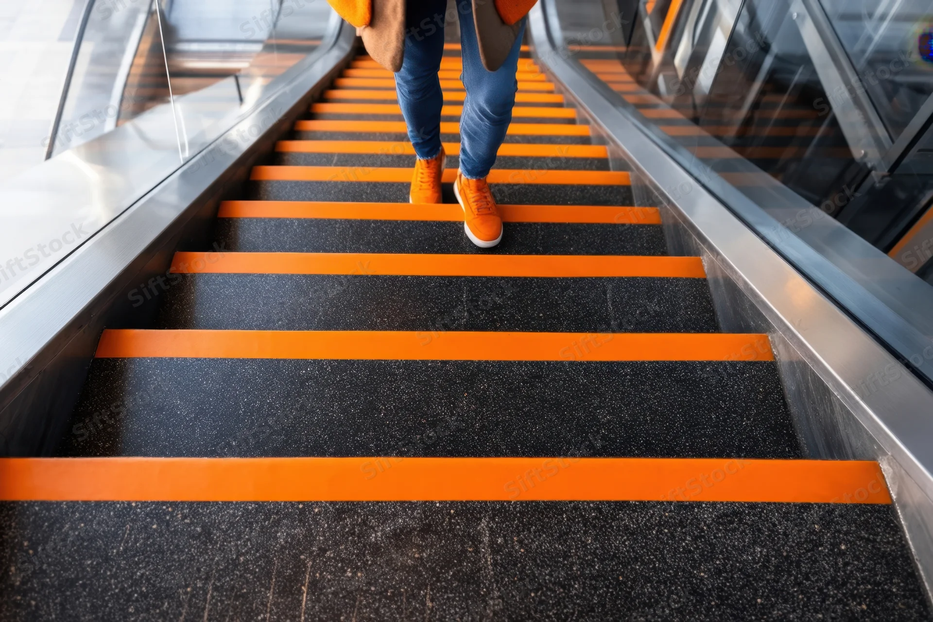 Woman’s legs in orange sneakers and jeans ascending an escalator with black steps and orange stripes in a modern transit station