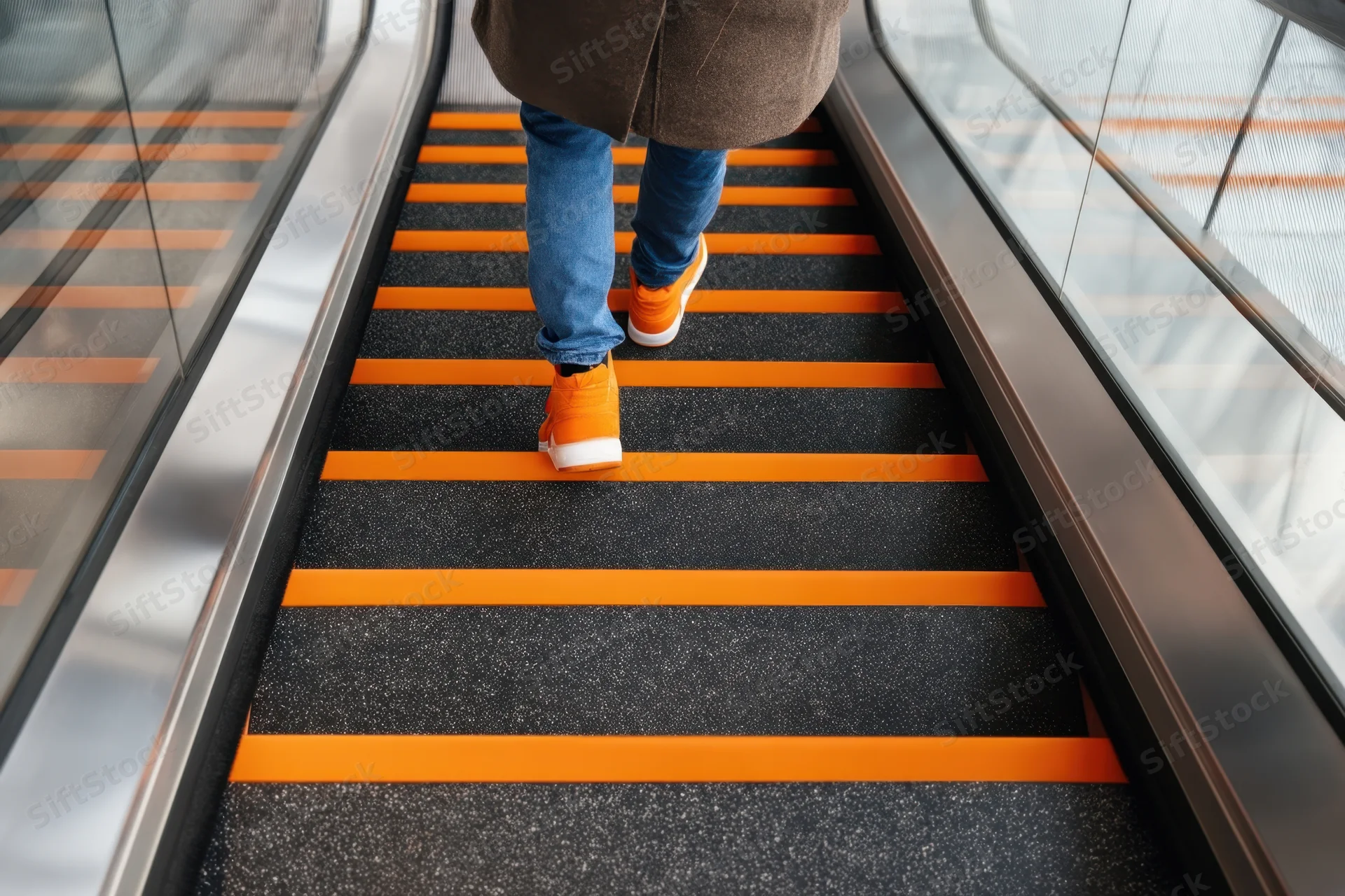 Person ascending escalator in modern urban transit space wearing orange sneakers and jeans