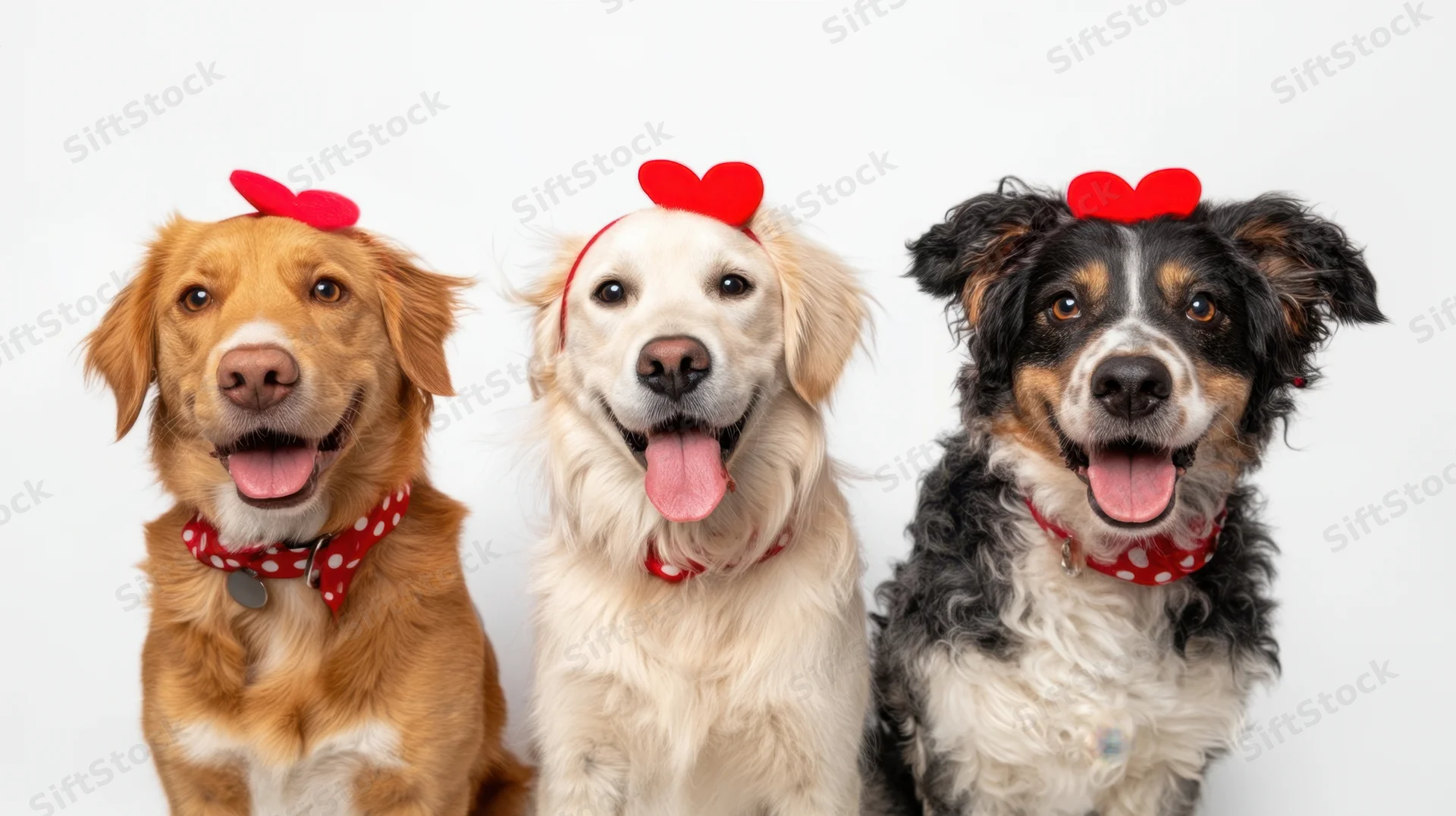 Three happy dogs wearing red heart headbands and polka dot collars in a studio portrait