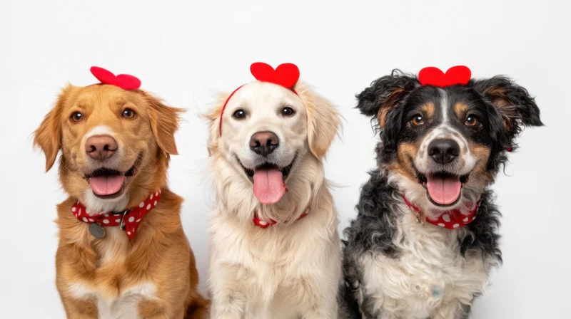 Three happy dogs wearing red heart headbands and polka dot collars in a studio portrait