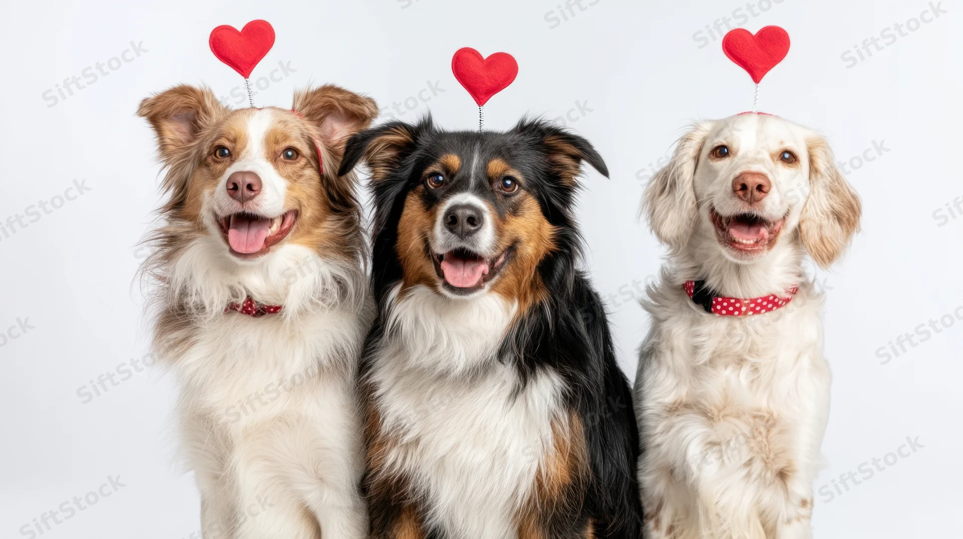 Three happy dogs with red hearts above their heads in a studio setting