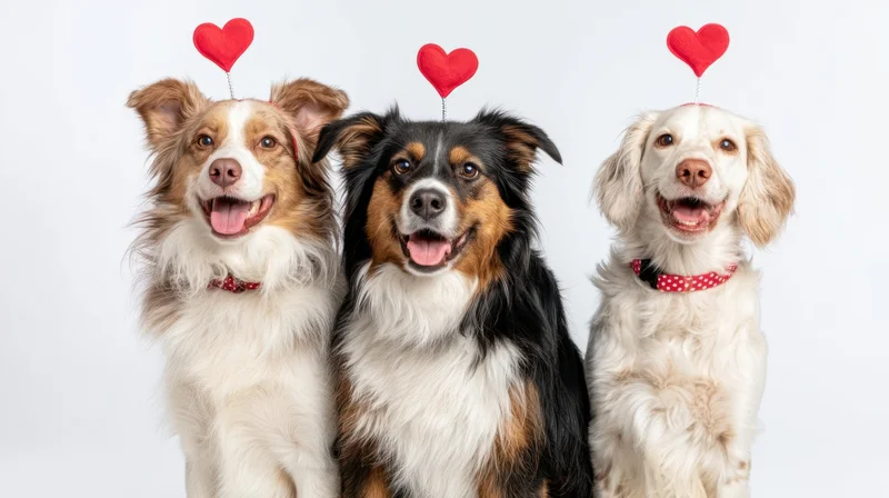 Three happy dogs with red hearts above their heads in a studio setting