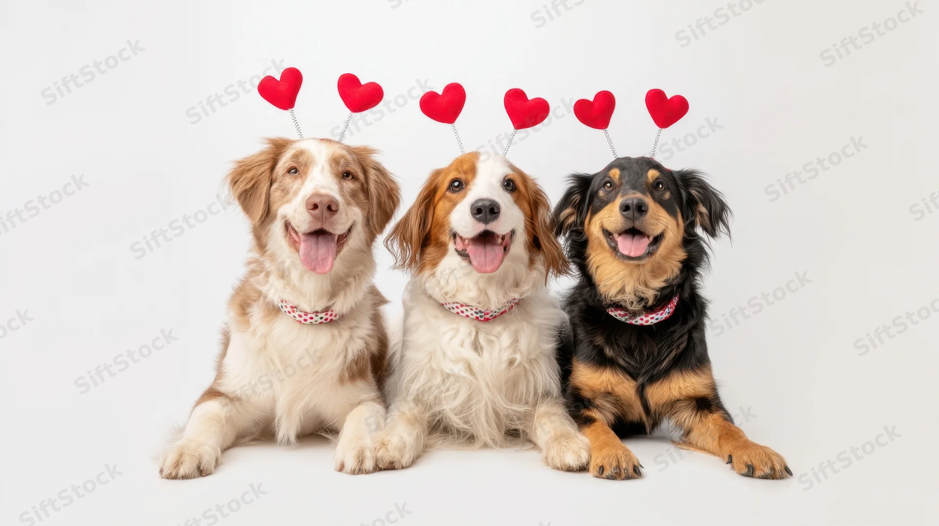 Three happy dogs sitting side by side wearing heart headbands in a studio setting