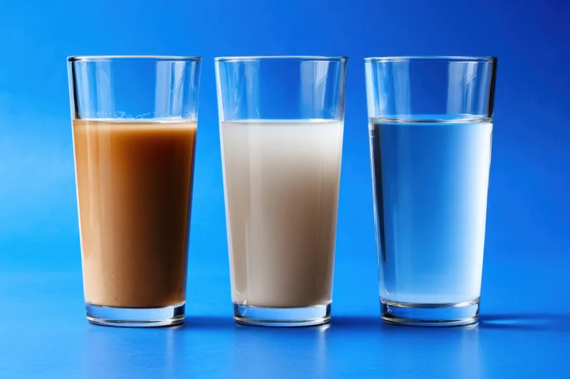 Three tall glasses filled with coffee, milk and water arranged in a row on a blue surface