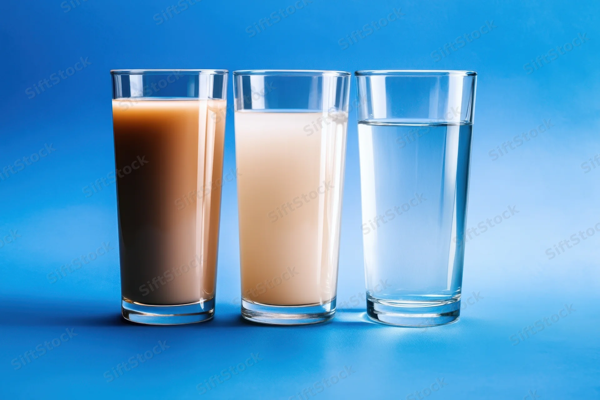 Three tall glasses filled with coffee, milk and water arranged in a row on a blue background