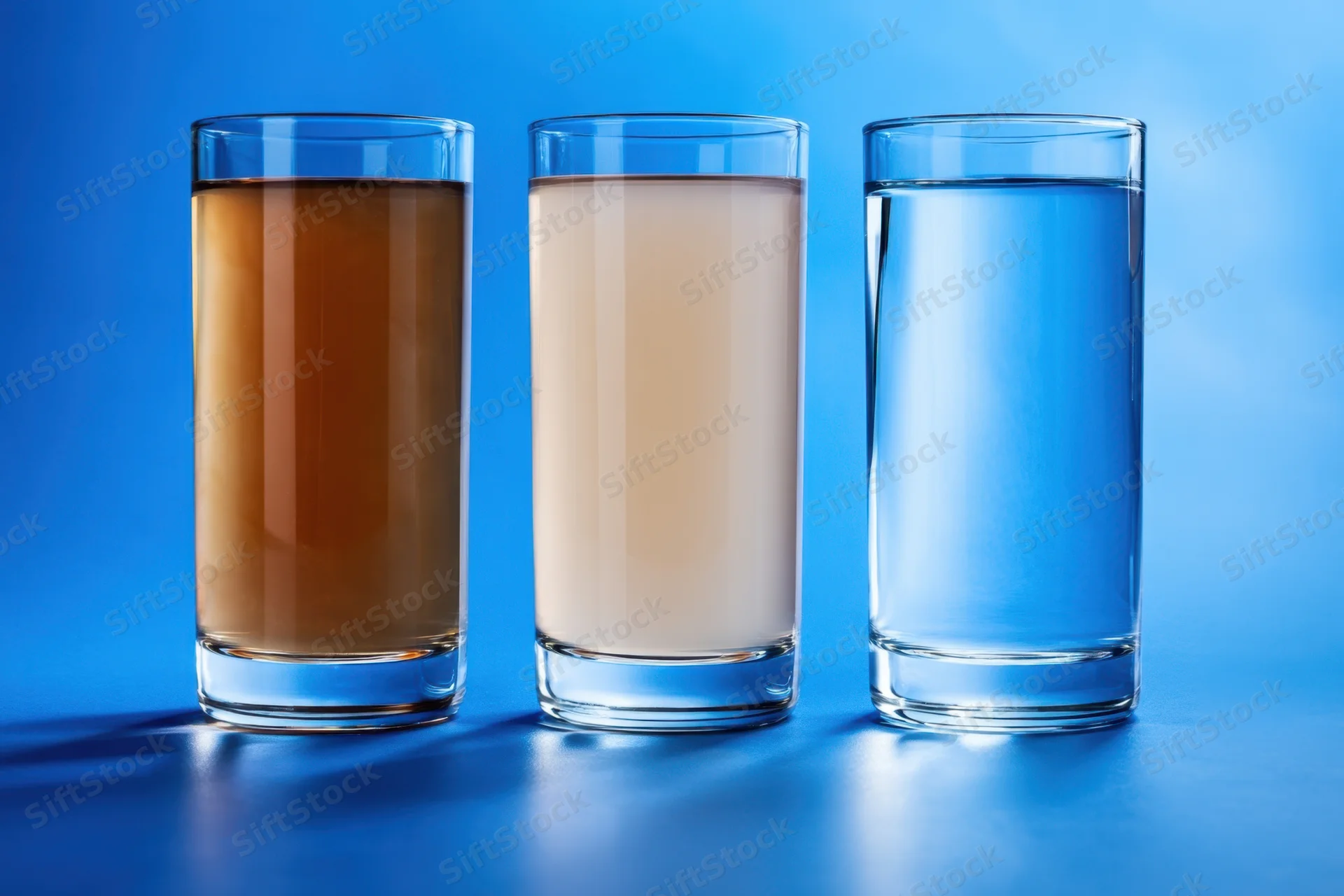 Three tall glasses filled with different liquids arranged in a row on a blue surface