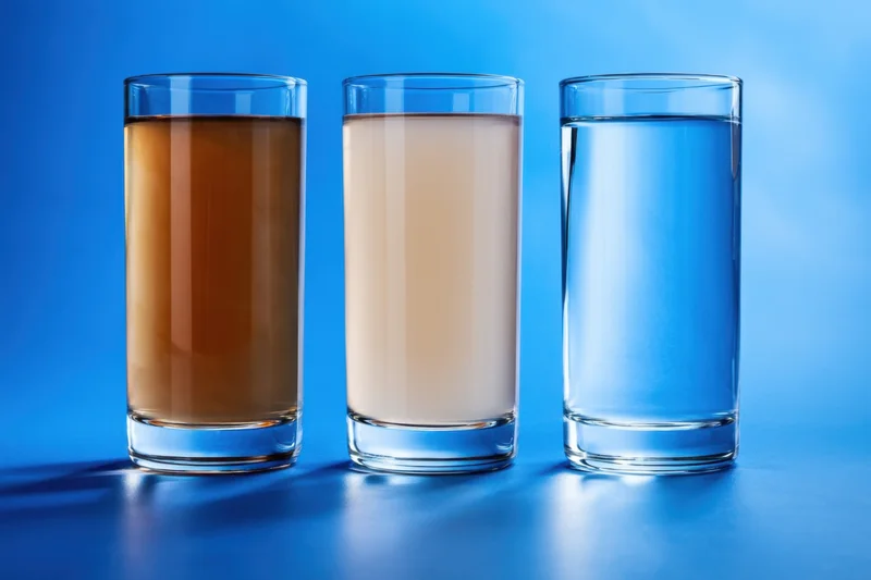 Three tall glasses filled with different liquids arranged in a row on a blue surface