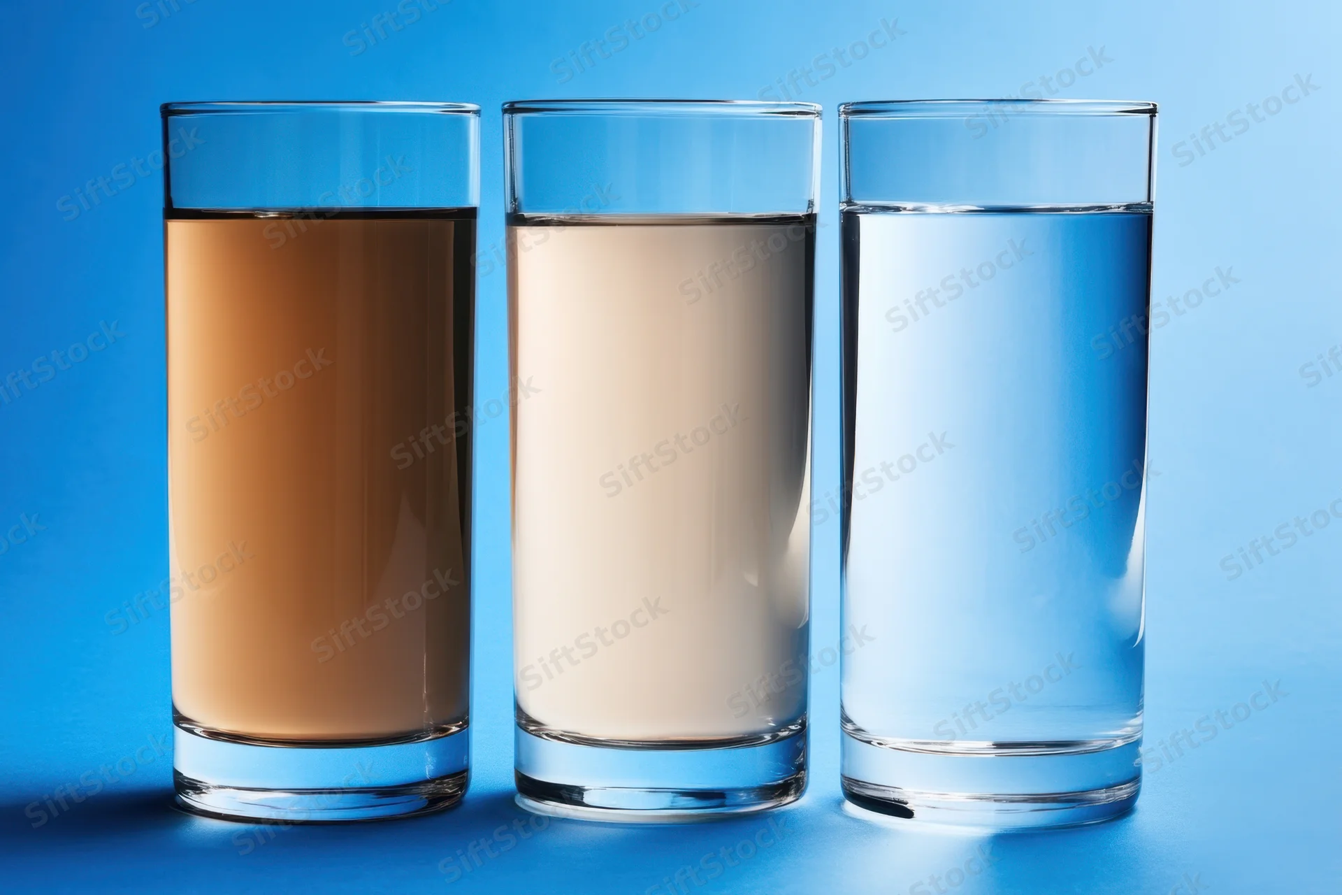 Three tall glasses filled with coffee, milk and water arranged in a row on a blue background