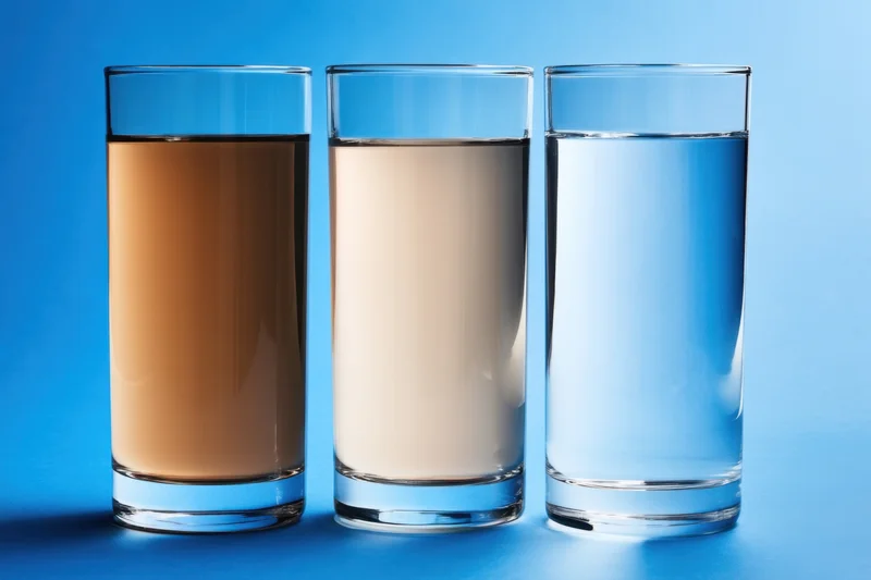 Three tall glasses filled with coffee, milk and water arranged in a row on a blue background