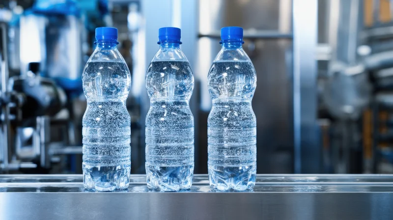 Three plastic water bottles on a conveyor line in a factory