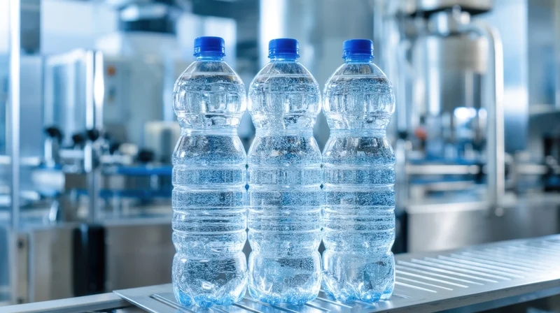 Three plastic water bottles on a conveyor belt in a factory production line