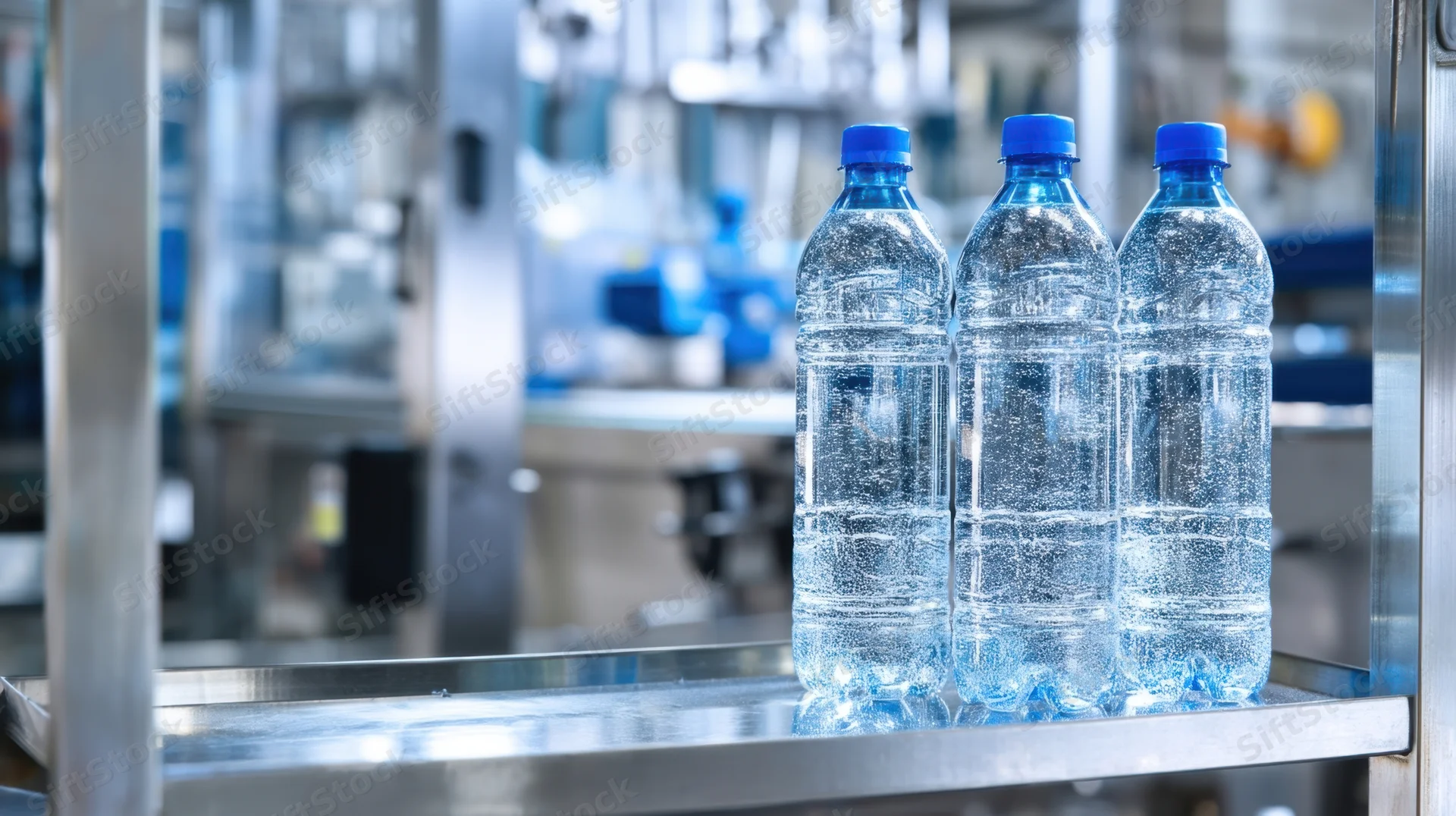 Three plastic water bottles on a conveyor in a factory production line