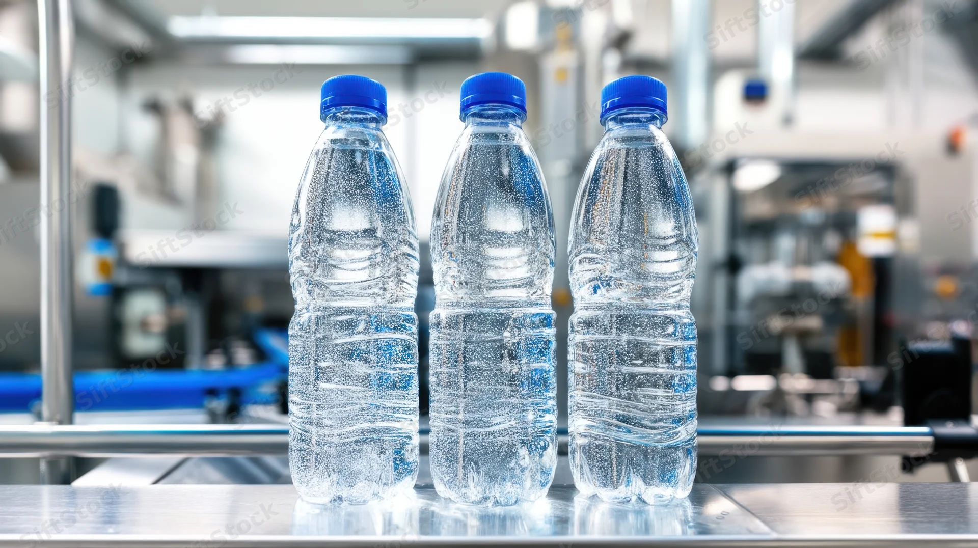 Three plastic water bottles on a conveyor in a factory production line
