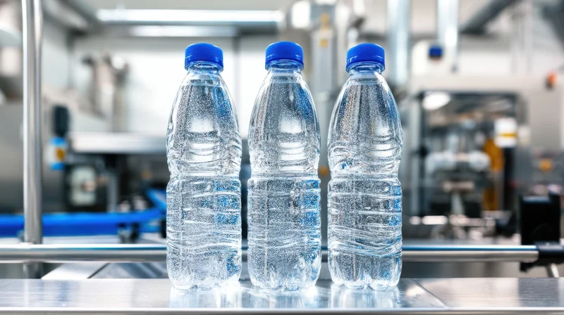 Three plastic water bottles on a conveyor in a factory production line