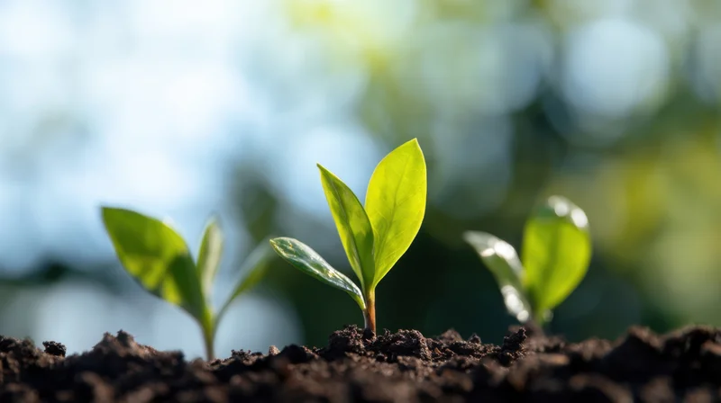 Three young seedlings emerging from dark soil in bright sunlight