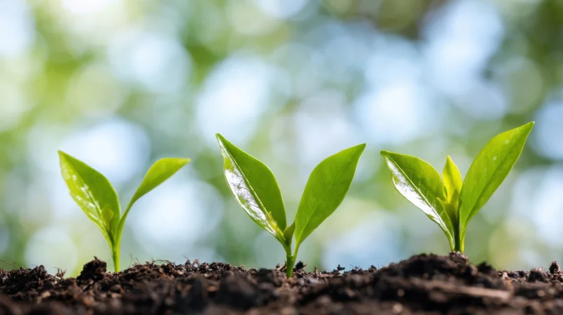 Three young seedlings emerging from soil in a garden setting