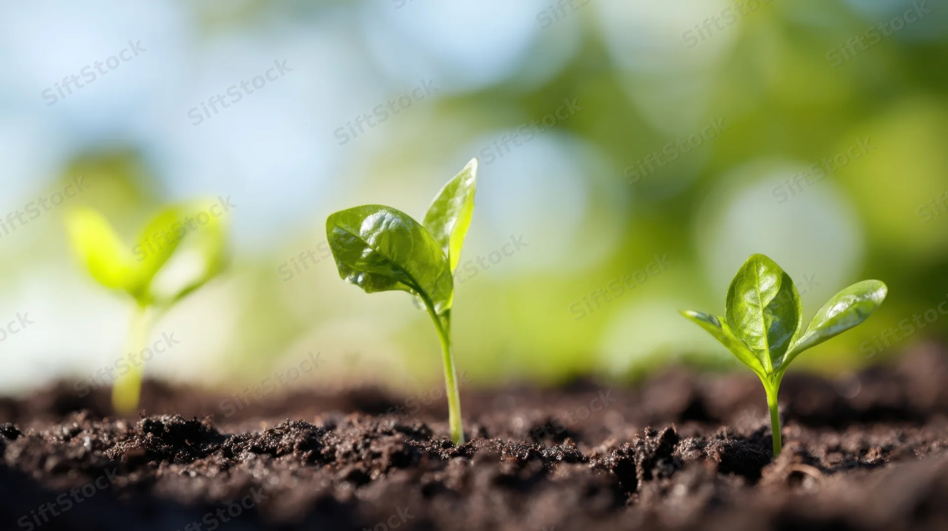 Three young seedlings emerging from dark soil in a garden setting