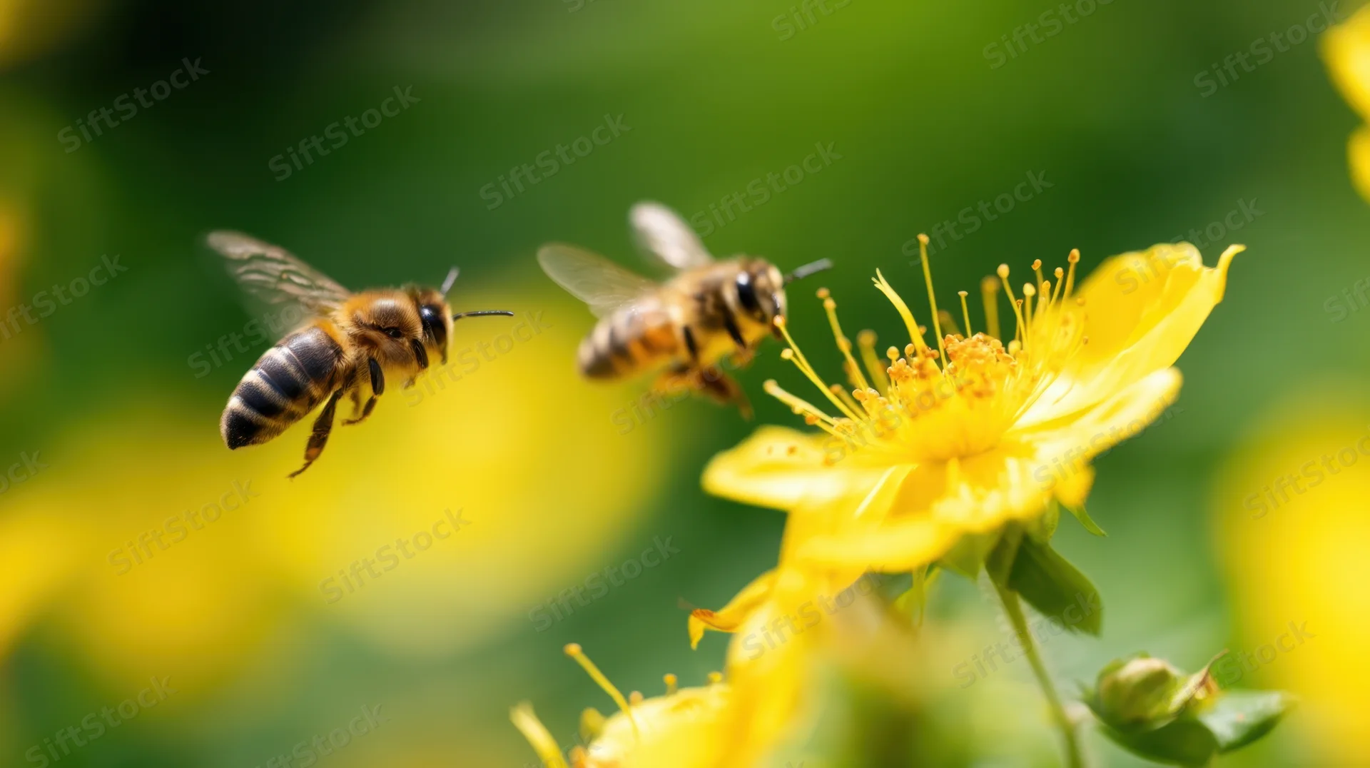 Two honeybees in flight near a yellow flower in a garden