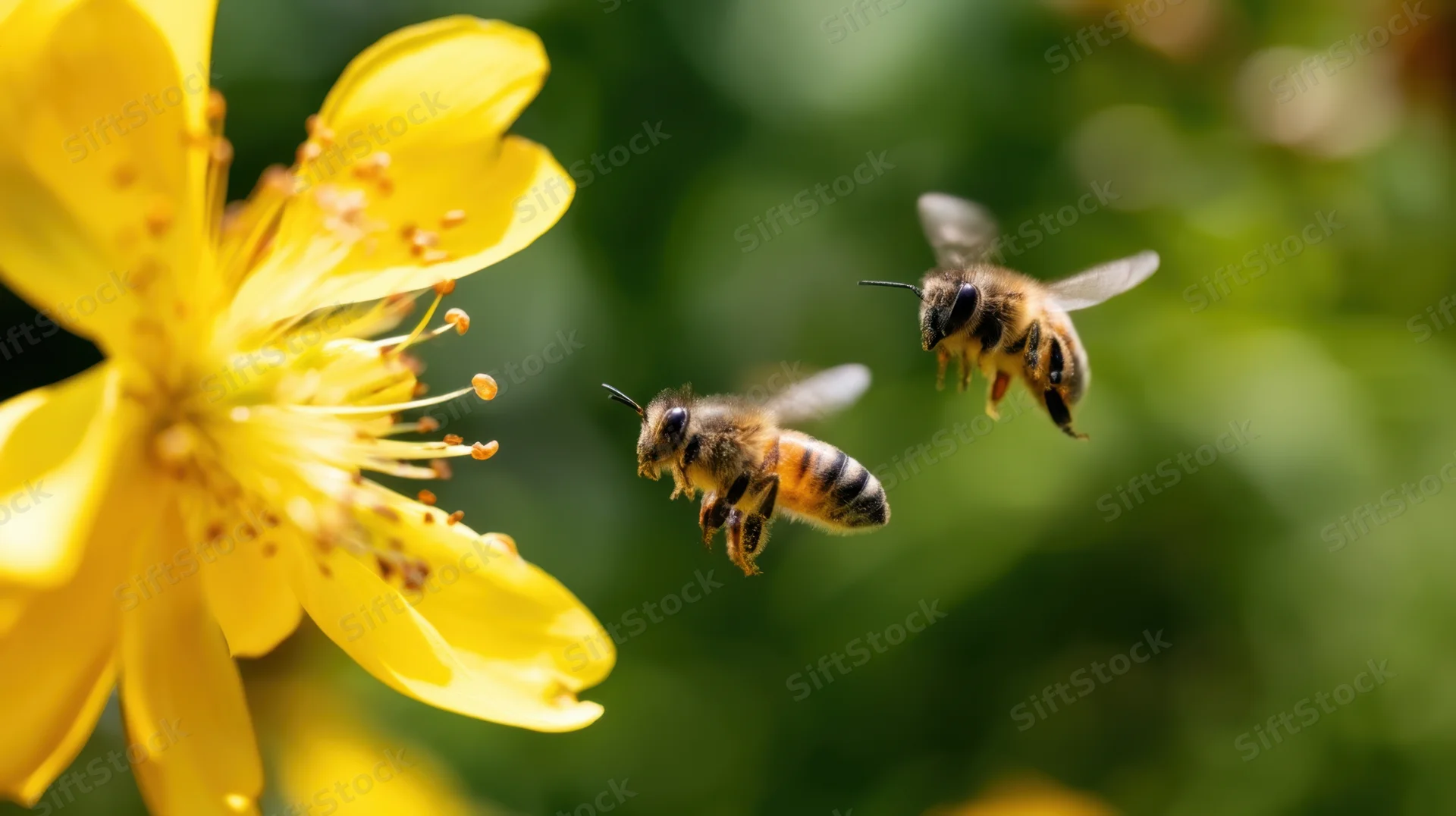 Two honeybees flying near a yellow flower in a garden
