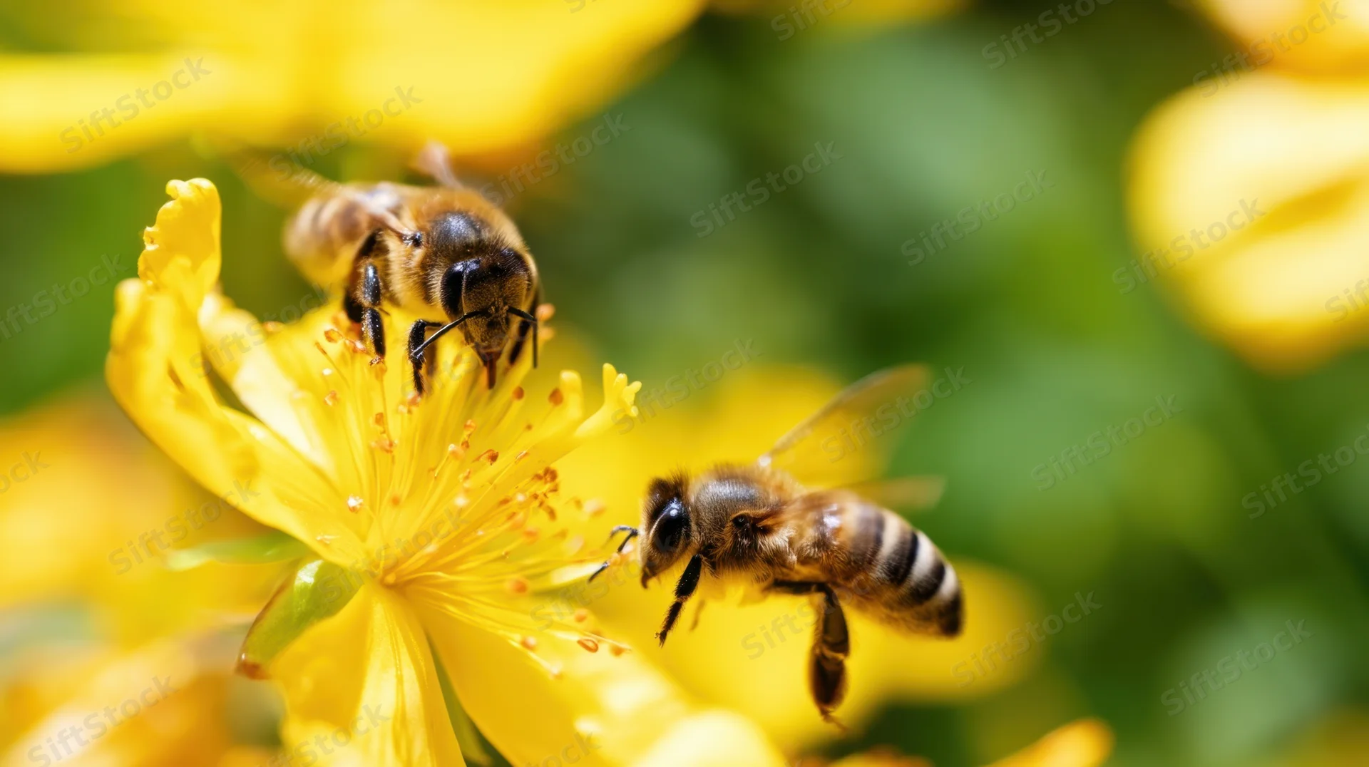 Two honeybees foraging on a yellow flower in a garden